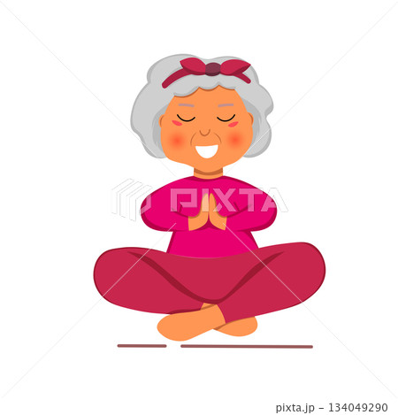 Sporty Granny does Yoga. Old person. Vector colorful cartoon illustration. Senior woman in pose yoga. Exercising for better health. Isolated flat image. Grandma. Grandmother character Sporty Granny does Yoga. Old person. Vector colorful cartoon illustration. Senior woman in pose yoga. Exercising for better health. Isolated flat image. Grandma. Grandmother character 134049290
