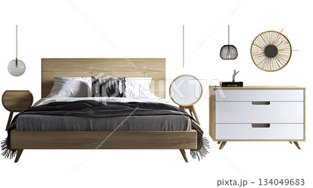 A bed, nightstand, and dresser are shown in a room 134049683
