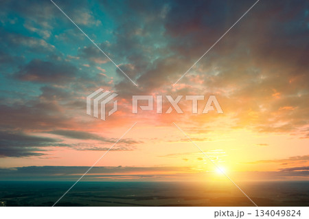 Panoramic view of the countryside with evening sky during sunset. View from above 134049824