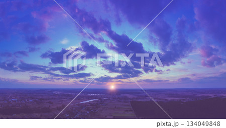 Panoramic view of the countryside with evening sky during sunset. View from above Panoramic view of the countryside with evening sky during sunset. View from above 134049848