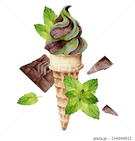 Swirled soft serve in wafer cone with chocolate bar pieces, mint leaf garnish. Isolated illustration hand drawn in watercolor. Sweet label design, botanical dessert art, recipe card, product branding. 134049912