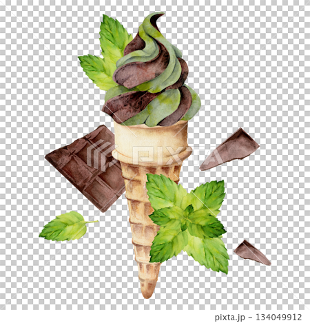 Swirled soft serve in wafer cone with chocolate bar pieces, mint leaf garnish. Isolated illustration hand drawn in watercolor. Sweet label design, botanical dessert art, recipe card, product branding. 134049912