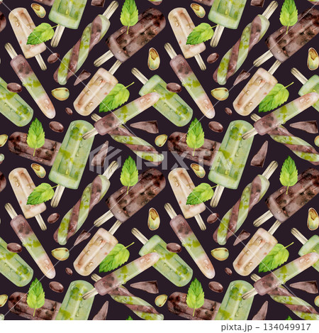 Melting drops on chocolate ice pop, cooling mint popsicle stick hand drawn in watercolor. Seamless pattern illustration Isolated on dark. Flavor pairing card, summer branding, foodie flyer background. 134049917