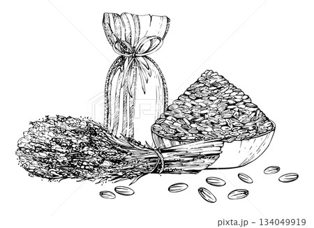Lavender bouquet, ceramic clay dish of lavandula seeds, striped textile linen sachet pouch with raffia bow. Isolated illustration hand drawn in vector ink. Summer accessory, rustic herbal fashion 134049919