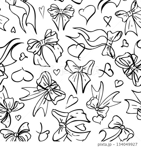 Delicate vintage ribbon bow motifs with doodle heart shapes forming endless repeat. Hand drawn in ink, vector seamless pattern tile. Celebration wallpaper, gift paper, holiday decor. Easter, Valentine Delicate vintage ribbon bow motifs with doodle heart shapes forming endless repeat. Hand drawn in ink, vector seamless pattern tile. Celebration wallpaper, gift paper, holiday decor. Easter, Valentine 134049927