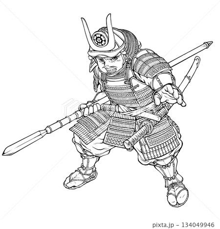 甲冑姿で槍を構える長宗我部元親 白黒 134049946