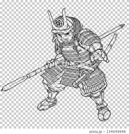 甲冑姿で槍を構える長宗我部元親 白黒 134049946