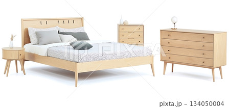 A bed, dresser, and nightstand are shown in a room 134050004
