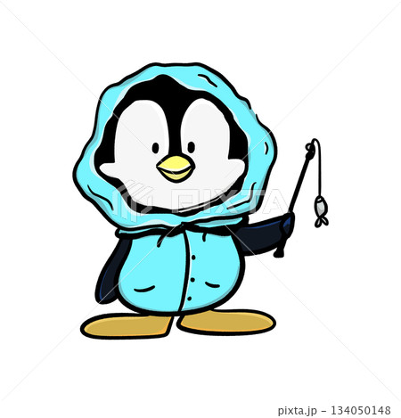 Isolated hooded penguin holding fishing rod cartoon illustration 134050148