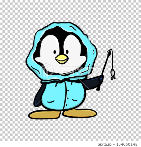 Isolated hooded penguin holding fishing rod cartoon illustration 134050148