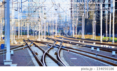 Tracks and electric high voltage for electric trains wires on reinforced concrete and metal masts against the backdrop of a city skyscrapers on a winter day. 134050186
