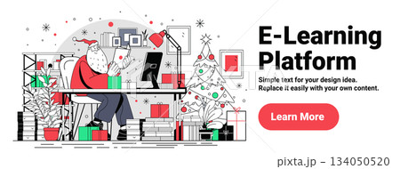 Santa Claus Christmas e-learning concept workspace festive gifts decorated tree modern office computer books holiday theme website banner 134050520