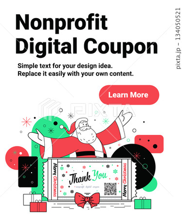 Santa nonprofit digital coupon Christmas thank you festive scene with Santa Claus holding a coupon surrounded by gifts abstract shapes modern style 134050521
