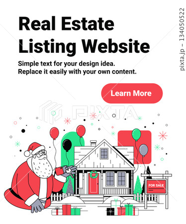 Santa Christmas real estate house for sale festive winter home with balloons gifts wreath snowy yard holiday celebration website banner Santa Christmas real estate house for sale festive winter home with balloons gifts wreath snowy yard holiday celebration website banner 134050522