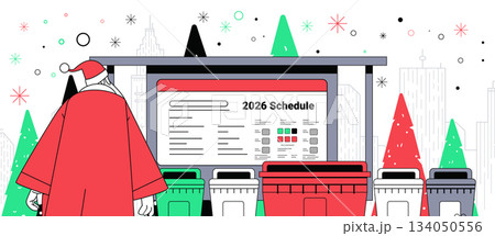Santa Christmas New Year 2026 schedule urban scene with Santa checking timetable at city bus stop surrounded by festive trees and bins modern flat Santa Christmas New Year 2026 schedule urban scene with Santa checking timetable at city bus stop surrounded by festive trees and bins modern flat 134050556