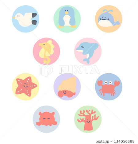 海のなかまたちシリーズ｜パステル丸背景アイコンセット（10点） 134050599