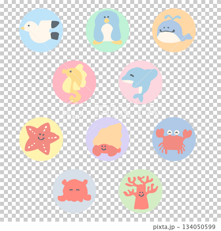 海のなかまたちシリーズ｜パステル丸背景アイコンセット（10点） 134050599