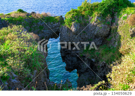 沖縄県　自然が作り出した万座毛の岩のアーチと青い海の風景 134050629