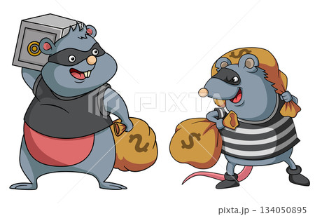 Cartoon thief rat with money bag of illustration 134050895