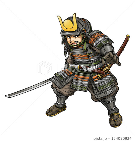 甲冑姿で刀を持って構える戦国武将 134050924