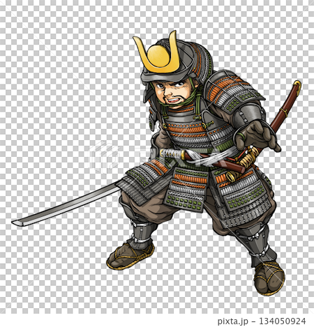 甲冑姿で刀を持って構える戦国武将 134050924