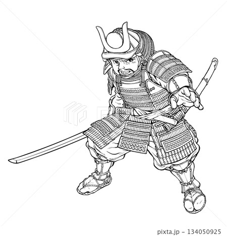 甲冑姿で刀を持って構える戦国武将 白黒 134050925