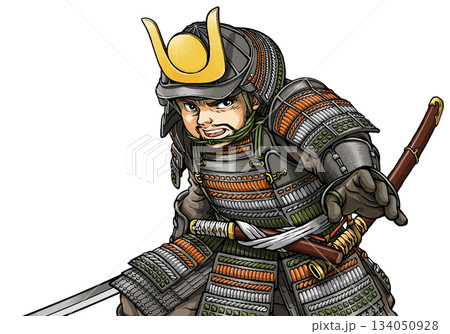 鎧姿で刀を構える戦国武将 134050928