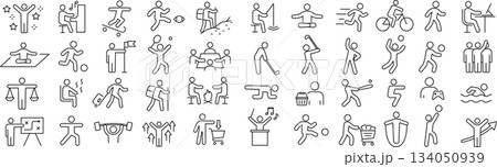 ベクターでモノクロのアクティブな人に関する線画アイコンセット 134050939