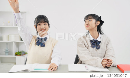 部屋で勉強する二人の女子学生 134051047