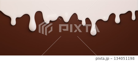 White ice cream melt with glossy drips on a chocolate background. Texture for dessert designs or summer graphics. Liquid flows down in curved streams for advertisements. 3d render White ice cream melt with glossy drips on a chocolate background. Texture for dessert designs or summer graphics. Liquid flows down in curved streams for advertisements. 3d render 134051198