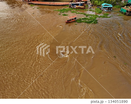 River Boats Aerial View Waterway Transport Thai River from Above flood River Boats Aerial View Waterway Transport Thai River from Above flood 134051890