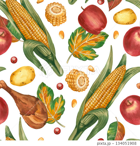 Seamless watercolor pattern on the theme of Thanksgiving. Ripe corn, apples, turkey leg, potatoes, berries and autumn leaves. Everything is hand-painted with watercolor. For printing on fabric, paper. Seamless watercolor pattern on the theme of Thanksgiving. Ripe corn, apples, turkey leg, potatoes, berries and autumn leaves. Everything is hand-painted with watercolor. For printing on fabric, paper. 134051908