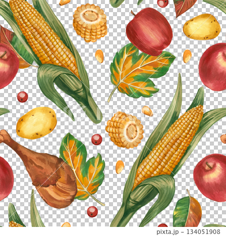 Seamless watercolor pattern on the theme of Thanksgiving. Ripe corn, apples, turkey leg, potatoes, berries and autumn leaves. Everything is hand-painted with watercolor. For printing on fabric, paper. Seamless watercolor pattern on the theme of Thanksgiving. Ripe corn, apples, turkey leg, potatoes, berries and autumn leaves. Everything is hand-painted with watercolor. For printing on fabric, paper. 134051908
