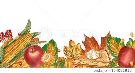 Autumn harvest, apples, corn, a piece of pumpkin pie, viburnum berries, autumn leaves. Thanksgiving illustration hand-drawn in watercolor. For printing on paper, for home textile decor, postcards. Autumn harvest, apples, corn, a piece of pumpkin pie, viburnum berries, autumn leaves. Thanksgiving illustration hand-drawn in watercolor. For printing on paper, for home textile decor, postcards. 134051910