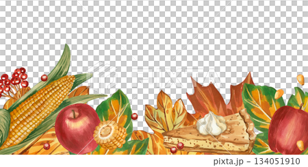 Autumn harvest, apples, corn, a piece of pumpkin pie, viburnum berries, autumn leaves. Thanksgiving illustration hand-drawn in watercolor. For printing on paper, for home textile decor, postcards. Autumn harvest, apples, corn, a piece of pumpkin pie, viburnum berries, autumn leaves. Thanksgiving illustration hand-drawn in watercolor. For printing on paper, for home textile decor, postcards. 134051910