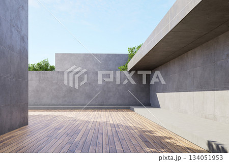 Minimal style outdoor space with wooden deck and concrete wall 3D render Minimal style outdoor space with wooden deck and concrete wall 3D render 134051953