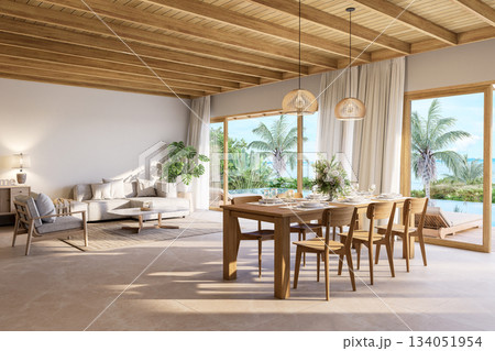 3D render of a modern contemporary coastal dining, living room with seaview 3D render of a modern contemporary coastal dining, living room with seaview 134051954