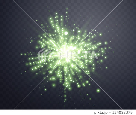 Green sunlight lens flare, sun flash with rays and spotlight. Glowing burst explosion on a transparent background. Vector illustration. 134052379