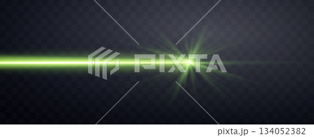Green horizontal laser beam. Neon line, presentation pointer. Green glow flare light effect. Vector illustration. Isolated on dark transparent background. 134052382