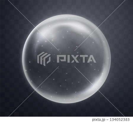 Silver magic fantasy sphere. Crystal ball with white glowing sparkles and particles. Energy orb with glow flare light effect. Isolated on transparent background. Vector illustration. 134052383