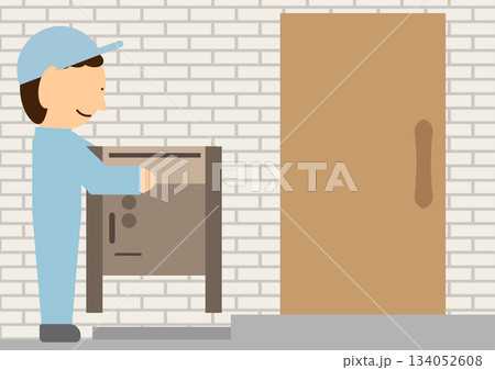 宅配ボックスを戸建ての住宅の玄関に設置する作業をしている作業員のイメージ素材 134052608