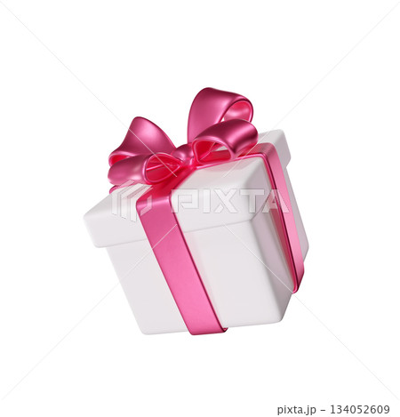 3D White Gift Box with a Pink Ribbon and Bow for Holiday, Birthday, Weddings, St. Valentine's Day or Christmas. Ideal for greeting cards and promotional materials. 3D rendering  134052609
