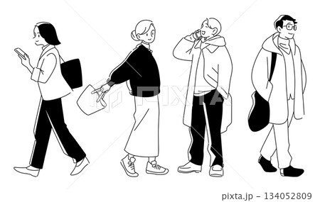 楽しそうな男女の全身のモノクロ線画イラストセット 134052809