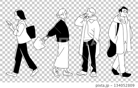 楽しそうな男女の全身のモノクロ線画イラストセット 134052809