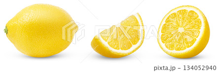 Lemon fruit set, slice and half isolated on a white background, Fresh and Juicy Lemons. 134052940