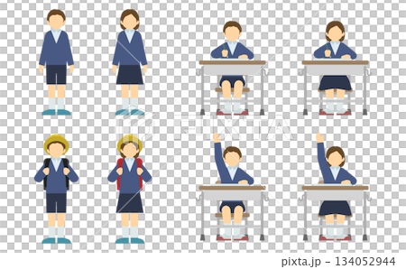 フラットイラスト:制服の小学生セット(正面) フラットイラスト:制服の小学生セット(正面) 134052944