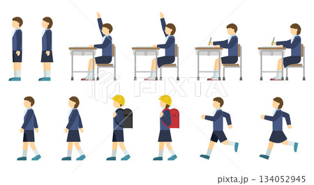 フラットイラスト：制服の小学生セット(サイド) 134052945