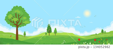 Spring Landscape with Green Hills, Trees, blooming Flowers and Blue Sky with clouds. Sunny Seasonal Nature background. Refreshing outdoor atmosphere. Vector flat horizontal illustration. Not AI 134052982