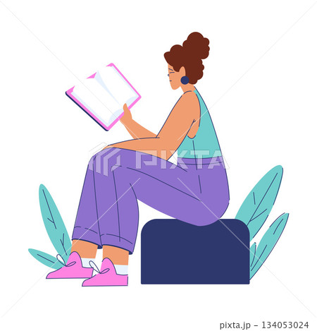 Woman Student Character Sit and Read Book Engaged in Education and Study Vector Illustration 134053024
