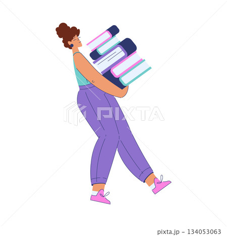 Woman Student Character Carry Pile of Books Engaged in Education and Study Vector Illustration Woman Student Character Carry Pile of Books Engaged in Education and Study Vector Illustration 134053063